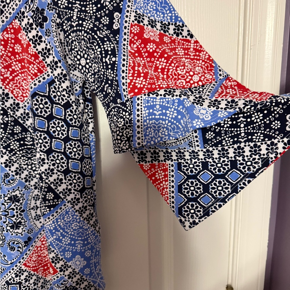 Ruby Rd. Red White Blue Patchwork Double Ruffle Sleeve Textured Top M - Picture 6 of 11